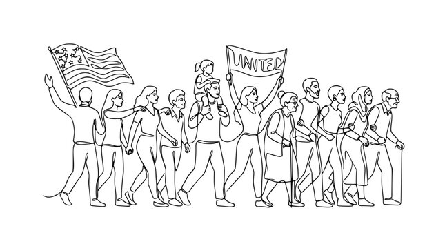 Diverse crowd marching with American flag and "Wanted" sign, representing immigration and social movements.