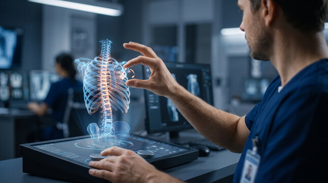 A male medical in a dark laboratory setting uses his hands to manipulate a glowing 3d holographic projection of a human rib cage and spine, analyzing anatomical structures in detail