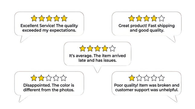 Customer reviews with star ratings showing satisfaction and dissatisfaction on a transparent background