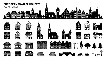 Obraz premium European Town Silhouette Vector Collection - Buildings, Architecture, Cityscape Elements
