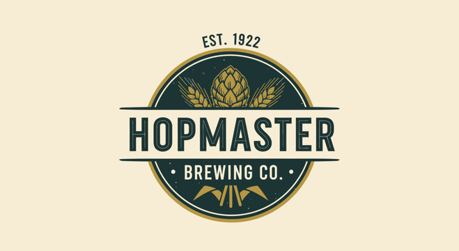 Hopmaster Brewing Co. Est. 1922 Logo: Craft Beer, Hops, Vintage Design