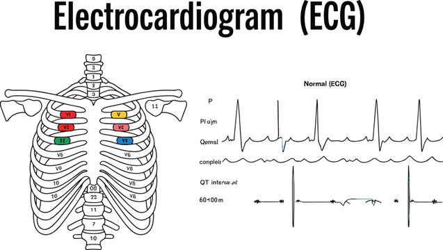 Electrocardiogram ecg medical infographic vector illustration showing human ribcage chest lead placements and normal heart waveform diagrams