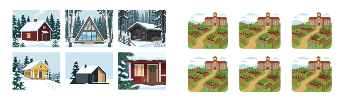 Winter Cabins & School Gardens Collage: Cozy Homes in Snow, Educational Plots