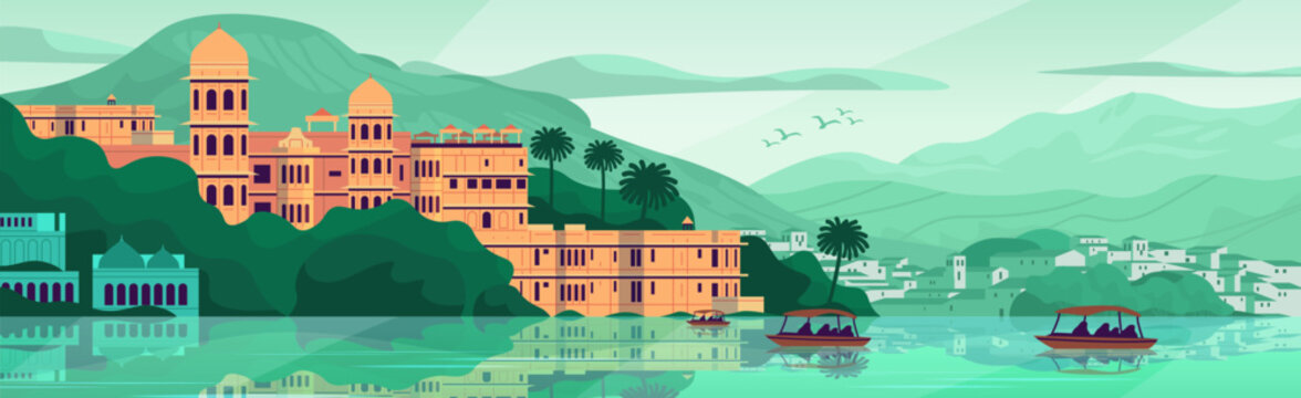 Udaipur palace lake cityscape tourism India mountains boats lush greenery scenic architecture travel destination website banner