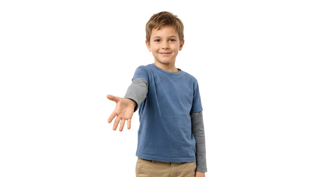 Young boy extends hand for handshake friendly gesture PNG Isolated on transparent background