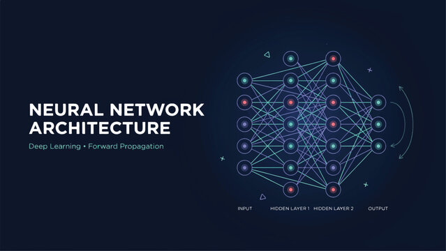 Neural network architecture diagram with nodes and connections for deep learning  AI concept