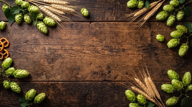 International Beer Day Empty Template Background with Fresh Hops Barley and Pretzels Photorealistic Stock Photo