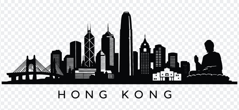 Hong kong skyline silhouette with famous landmarks and big buddha