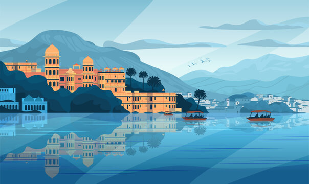 Udaipur city palace lake boats mountains scenic landscape reflection blue orange tourism travel destination website banner