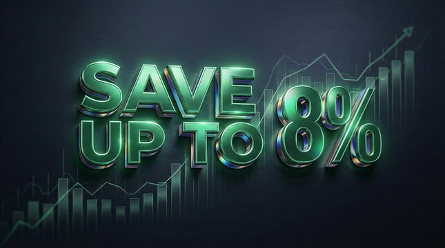 3D metallic text "SAVE UP TO 8%" with glowing green outline on dark textured background with upward trending financial chart, symbolizing discount and growth