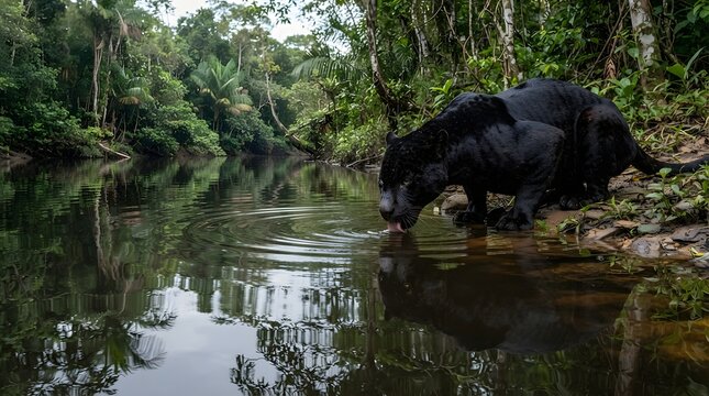 Black jaguar drinking water in lush Amazon rainforest by riverbank