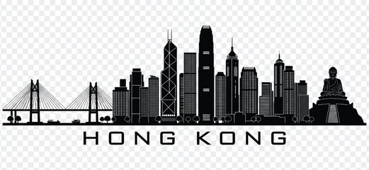 Hong kong cityscape silhouette featuring iconic landmarks like tsing ma bridge and tian tan buddha © MDShakiburRahman