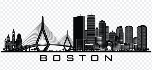 Obraz premium Boston skyline silhouette with zakim bridge and city buildings vector illustration