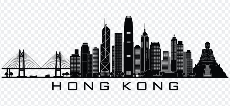Hong kong cityscape silhouette featuring iconic landmarks like tsing ma bridge and tian tan buddha