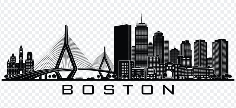 Boston skyline silhouette with zakim bridge and city buildings vector illustration