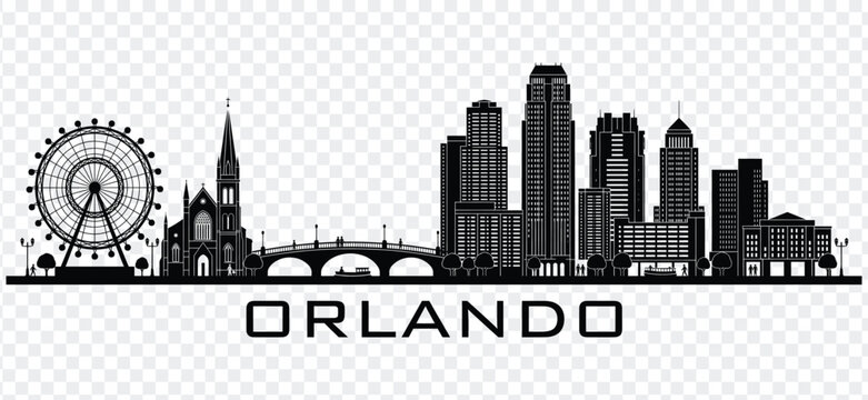 Orlando florida city skyline silhouette with famous landmarks and text