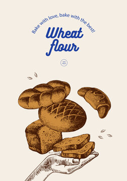 Hand drawn bakery banner. Vintage bread, loaf and croissant sketch vector illustration. Retro collage menu
