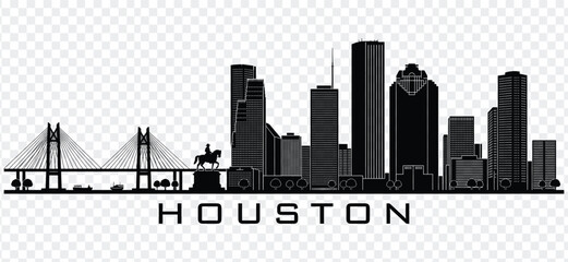 Obraz premium Houston texas city skyline silhouette with buildings, bridge, and statue