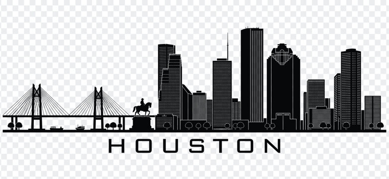 Houston texas city skyline silhouette with buildings, bridge, and statue
