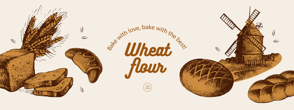 Hand drawn bakery banner. Vintage bread, croissant, baker, mill, oven and bunch of wheat sketch vector illustrations. Retro collage menu set.