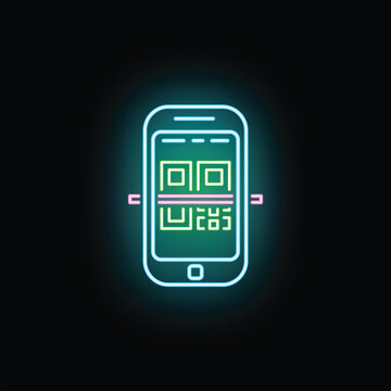 Smartphone displaying and scanning a glowing neon qr code with a digital beam