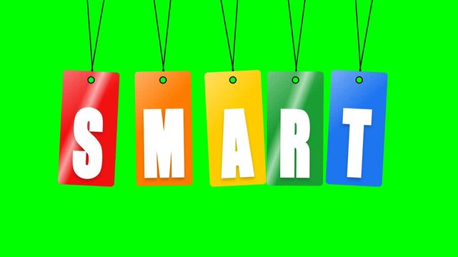 Colorful SMART Tags Hanging on Green Screen Background.