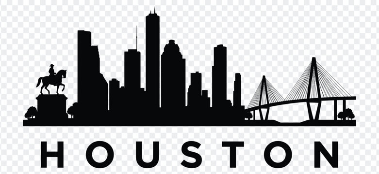 Houston, texas city skyline silhouette with skyscrapers, bridge, and equestrian statue