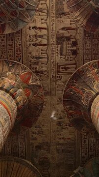 The temple of Esna, dedicated to the god Khnum. Egypt. Esna temple hypostyle hall with massive painted columns and colorful hieroglyphic reliefs on ceiling in Egypt, ancient Roman-era architecture wit