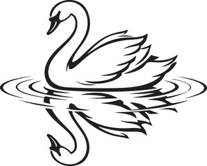 Fototapeta premium swan floating on calm water vector with ripple lines and mirror reflection line art