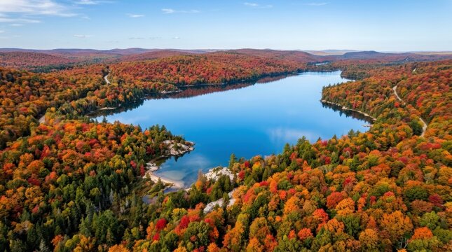 Serene aerial perspective of a deep blue lake surrounded by a vast forest with rich autumn colors under a clear sky.
