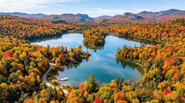 Serene aerial perspective of a deep blue lake surrounded by a vast forest with rich autumn colors under a clear sky.