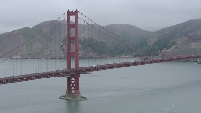 Misty Golden Gate Bridge Side Angle - Aerial Shot On Story Day