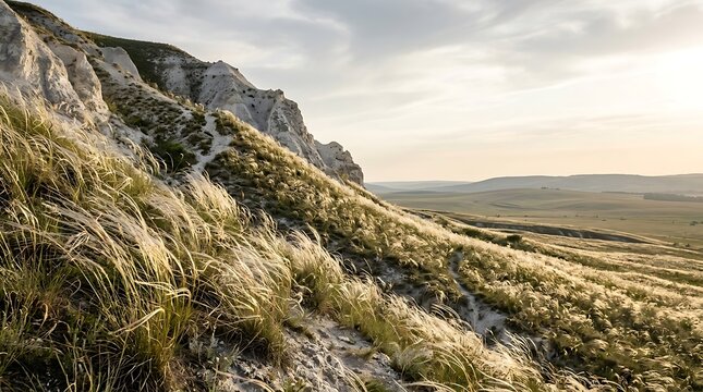 Golden sunlight on feather grass at chalk hills landscape