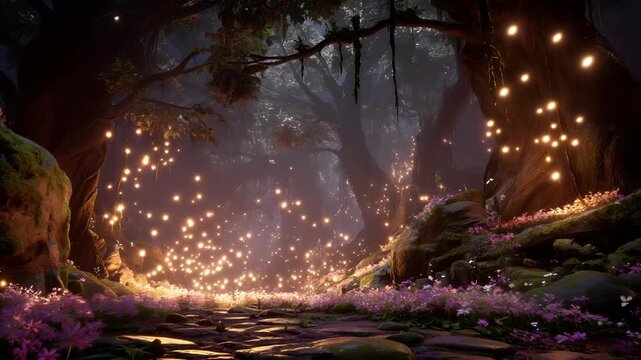 Fantasy, mysterious, wallpaper. A vivid, fantastical depiction of a mystical forest. The main subject is a large, gnarled tree with mosscovered branches.