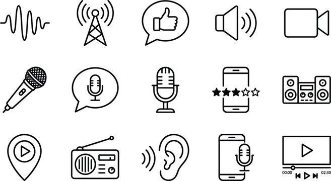 Audio and video multimedia line icons set for podcast radio broadcasting sound recording and music player interface