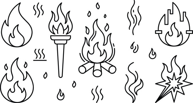 Fire flame torch and campfire vector line art icon set featuring blazing bonfires smoke trails sparks city burn.