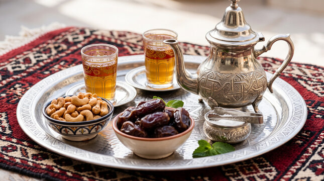 Traditional Arabic tea service, silver teapot with mint tea and dates, middle eastern hospitality on ornate rug