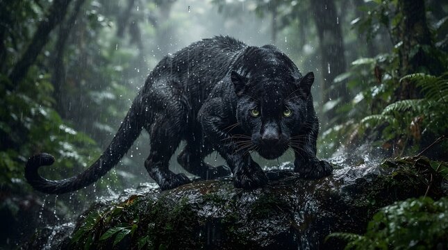 Majestic black panther prowling through a misty rainforest