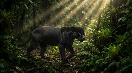 Naklejka premium Black Panther Walking Through Lush Green Jungle with Sunlight Rays
