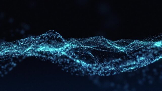 4K Abstract light blue particle wave with depth of field, futuristic technology digital data network seamless loop background, Cyan glowing plexus particles flowing motion graphic backdrop.