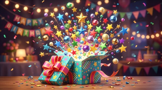 Colorful birthday gift box exploding with festive decorations