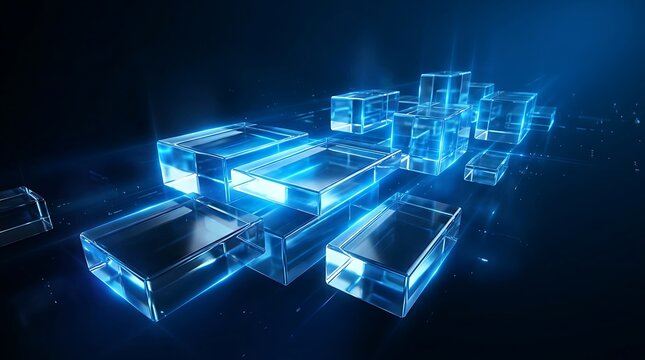 Abstract 3d digital blocks with glowing blue light effects
