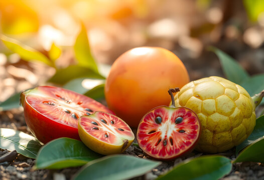Three exotic fruits including cherimoya and tamarillo on leaves