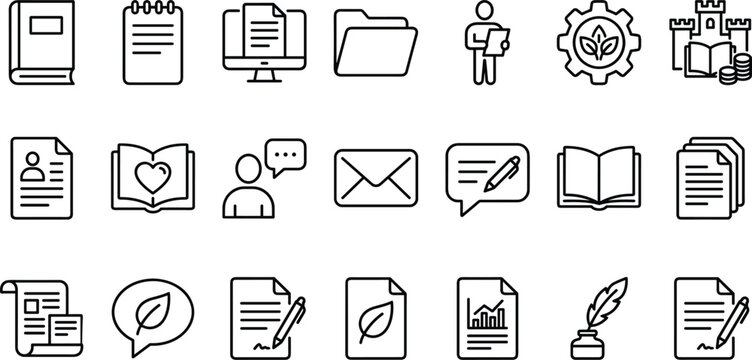 Document and content creation line icon set featuring business contracts data folders open books envelopes and publishing tools