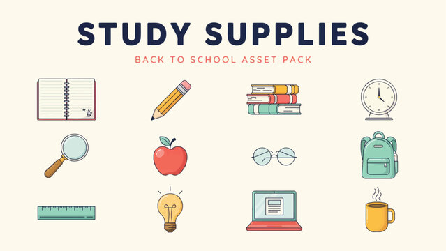 Study supplies and school stationery icons on beige background