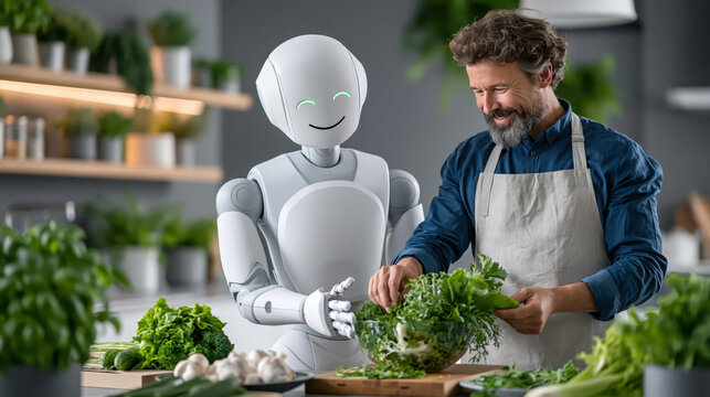 Robot man kitchen cooking salad vegetables smiling teamwork modern technology Friendly robot and bearded man preparing fresh green salad together