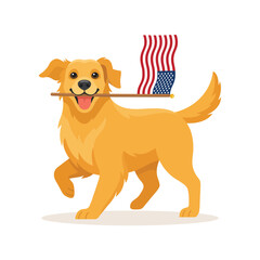 Obraz premium Happy golden retriever dog holding an american flag in its mouth isolated on a white background, for patriotic holiday, and pet concept