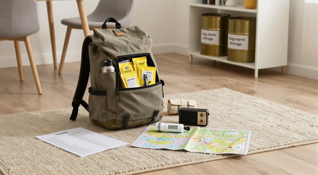 Backpack packed with maps and supplies on living room floor