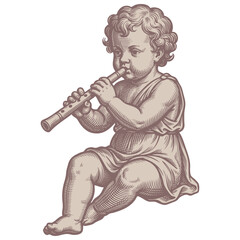 Obraz premium Detailed vector engraving illustration of a sitting cherub playing a flute. Vintage classical art of an angel making music, isolated on white background.