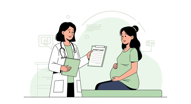 Pregnant Woman Consulting With Doctor About Her Medical Chart And Future Child's Health